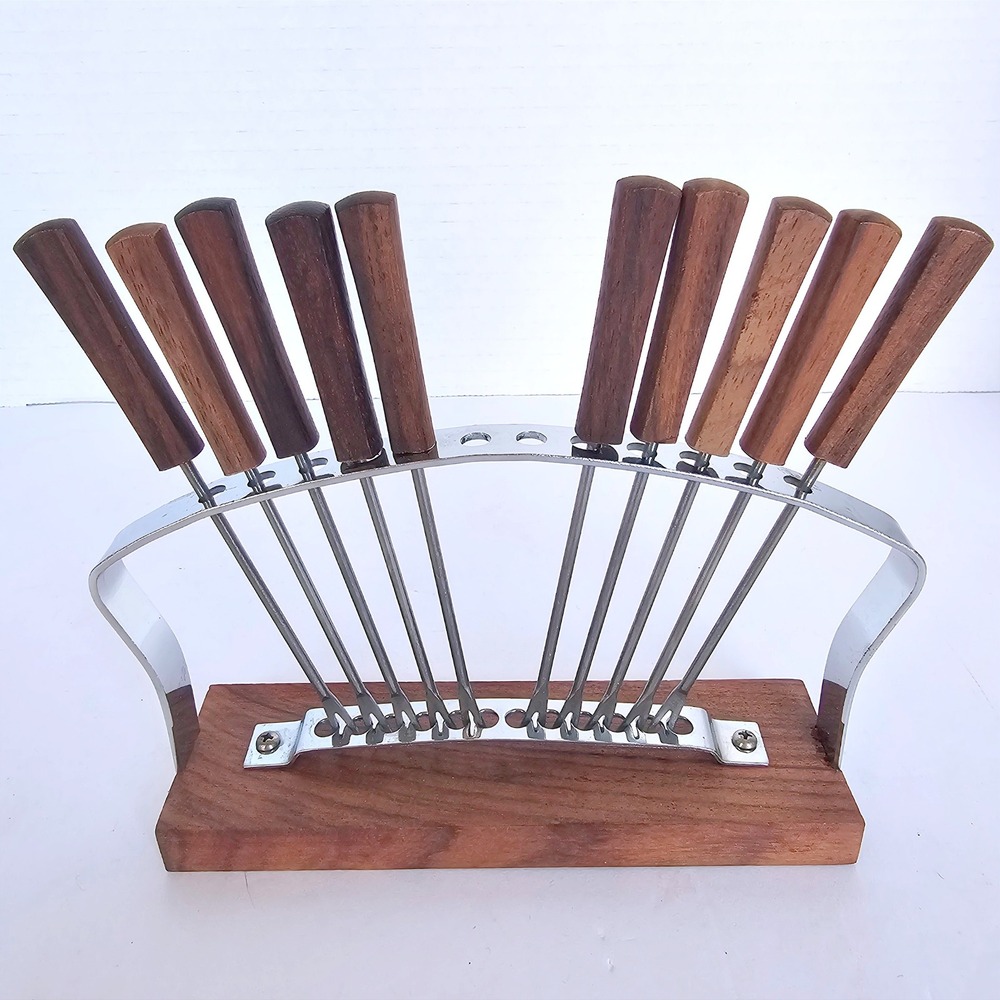 10 Piece Cocktail‎ Fork Skewer Set Wood Handle with Display Stand Vintage Retro